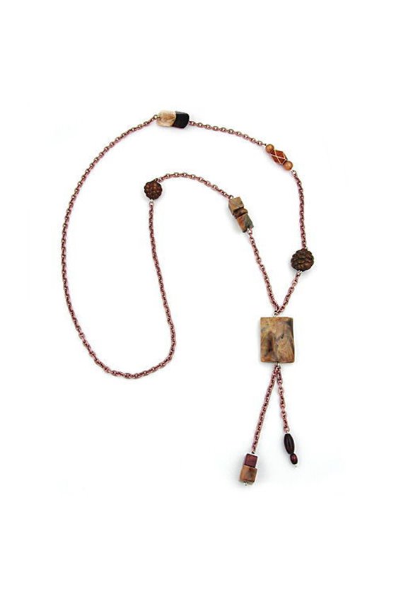 NECKLACE RECTANGLE BROWN-BEIGE-COPPER 95CM