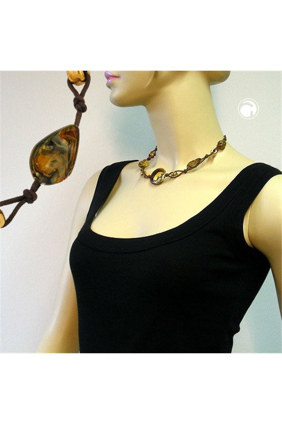 NECKLACE DISK BROWN-BEIGE-GOLD 45CM