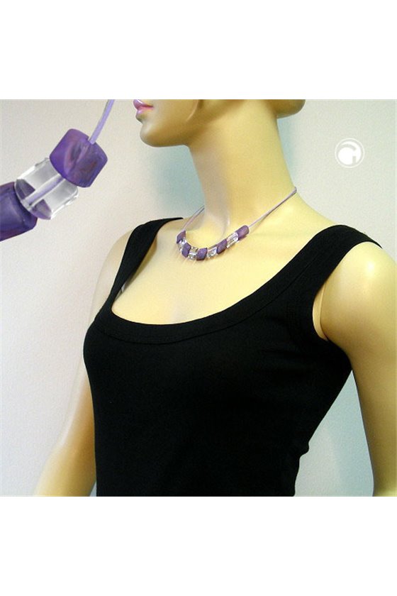 NECKLACE SLANTED BEAD LILAC-CRYSTAL CORD LIGHT LILAC
