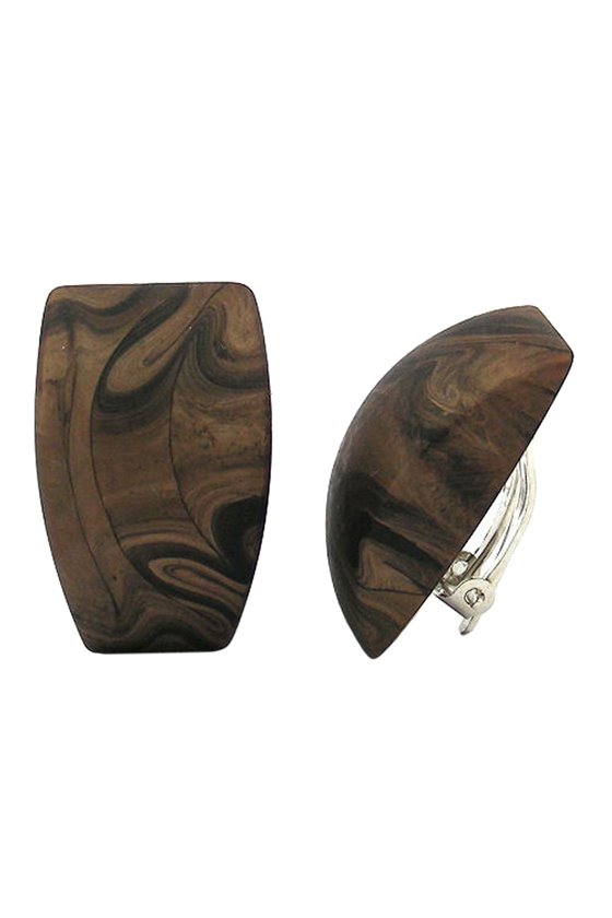 CLIP-ON EARRING TRAPEZIUM DARK BROWN MARBLED