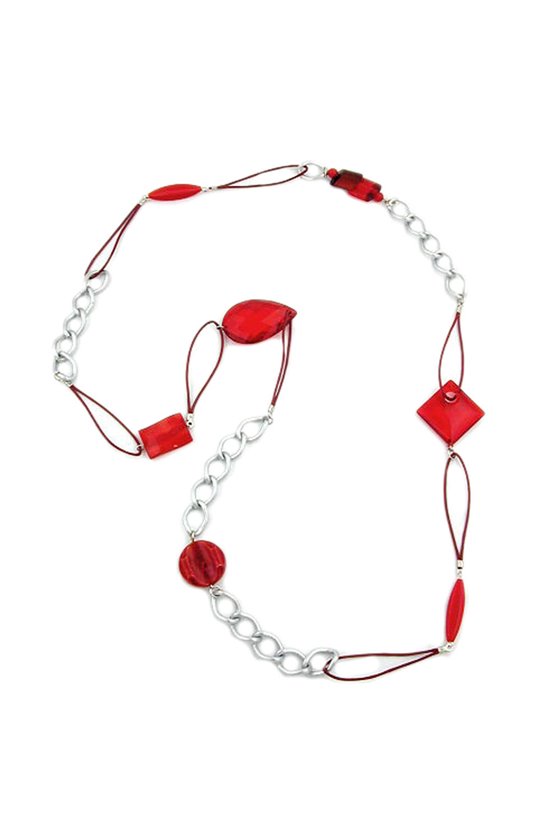 NECKLACE RED BEAD SILVER CURB CHAIN 100CM