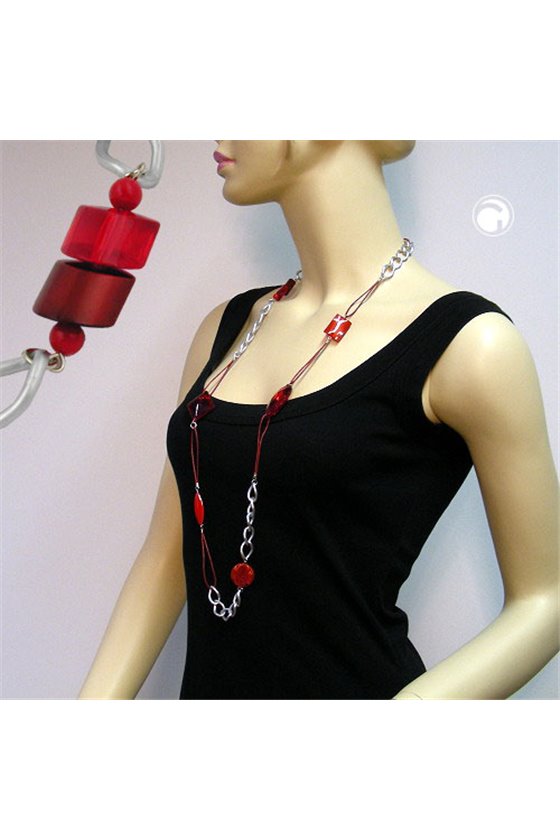 NECKLACE RED BEAD SILVER CURB CHAIN 100CM