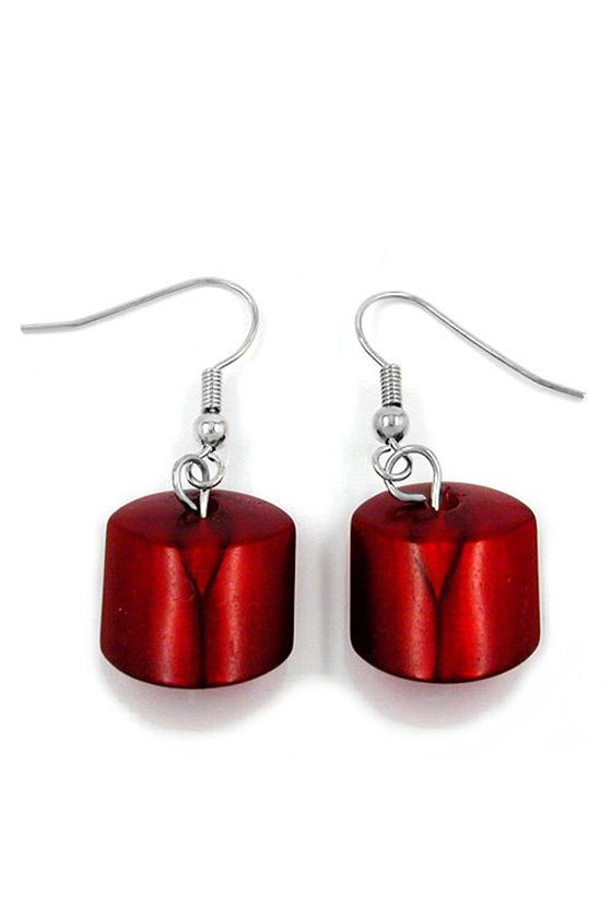 HOOK EARRINGS SLANTED BEAD SILKY RED