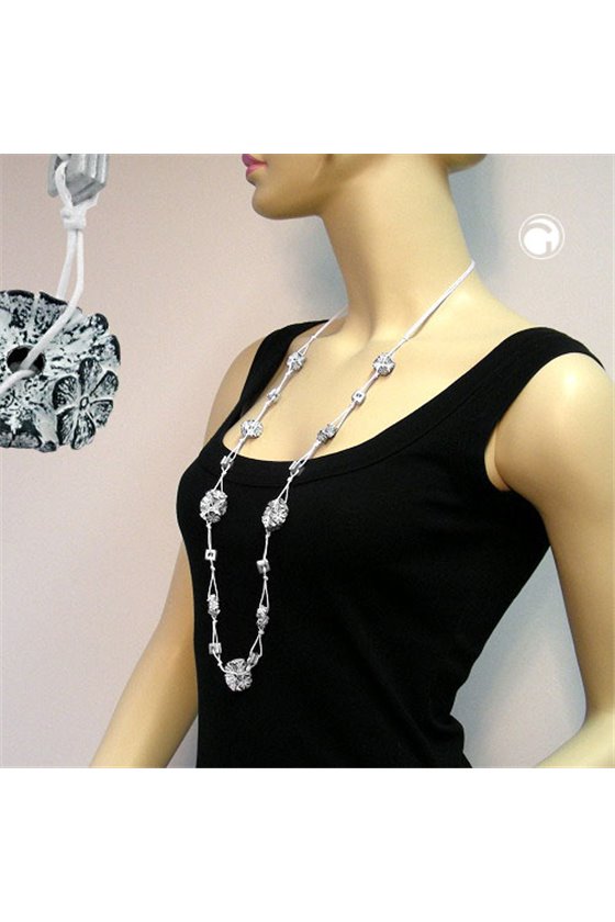 NECKLACE FLOWER BEAD GREY-WHITE 100CM