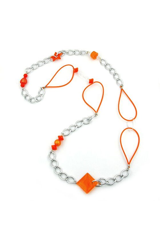 NECKLACE BEADS ORANGE-SILVER 100CM
