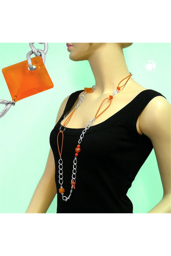 NECKLACE BEADS ORANGE-SILVER 100CM