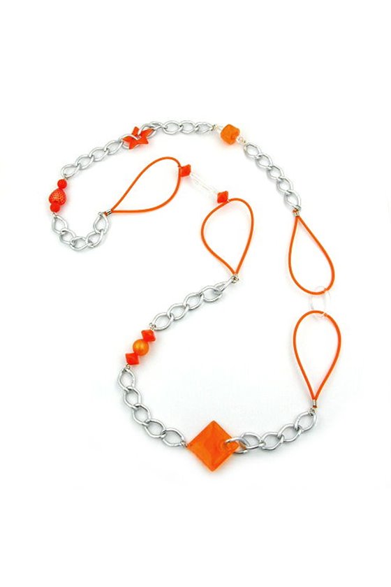 NECKLACE BEADS ORANGE-SILVER 100CM