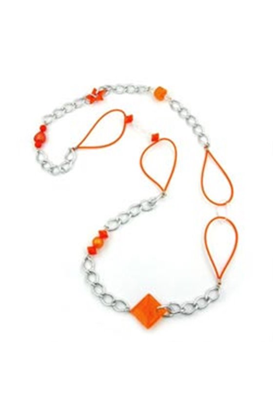 NECKLACE BEADS ORANGE-SILVER 100CM