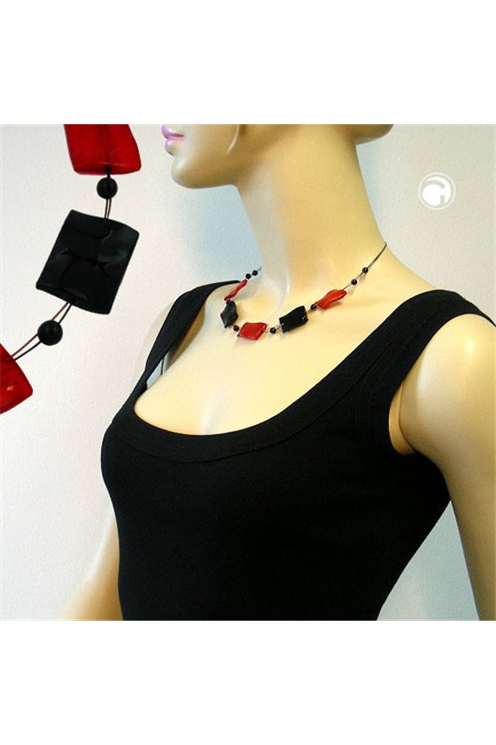 NECKLACE BLACK-RED BEADS SHINY 45CM