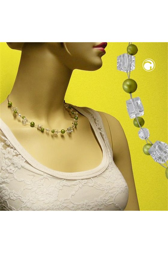 NECKLACE GREEN-OLIVE-SILKY BEADS