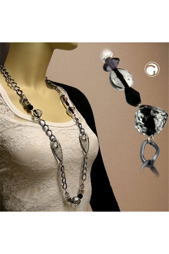 NECKLACE GREY-TRANSPARENT CURB CHAIN 90CM
