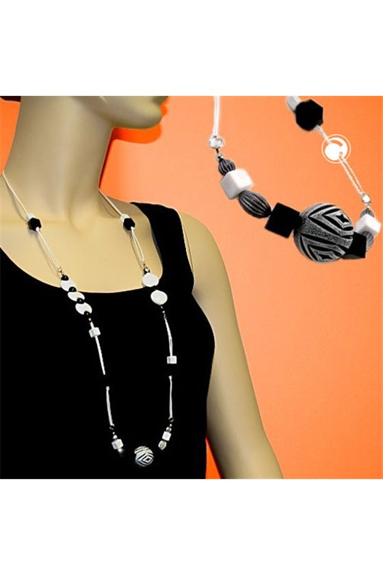 NECKLACE ENGRAVED PEARL BLACK-WHITE 95CM