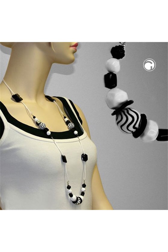 NECKLACE BLACK-WHITE WHITE CORD 100CM