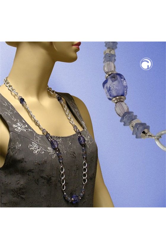 NECKLACE STONE-PEARL BLUE CURB CHAIN 90CM