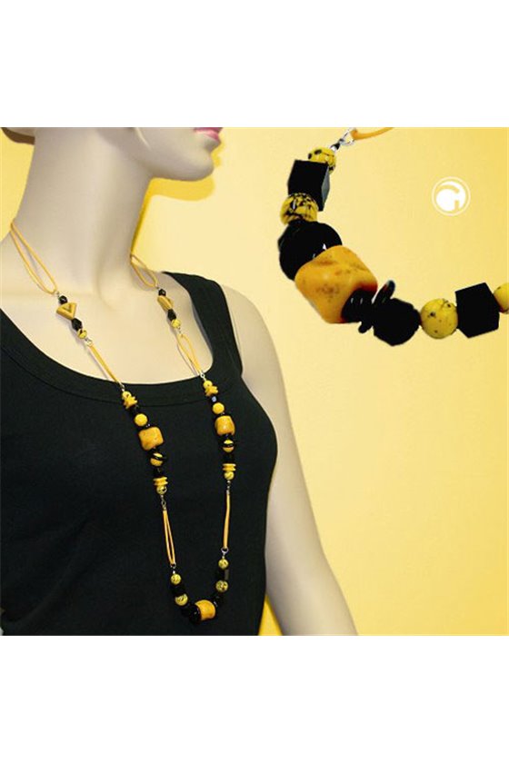 NECKLACE STONE-PEARL YELLOW BLACK 90CM