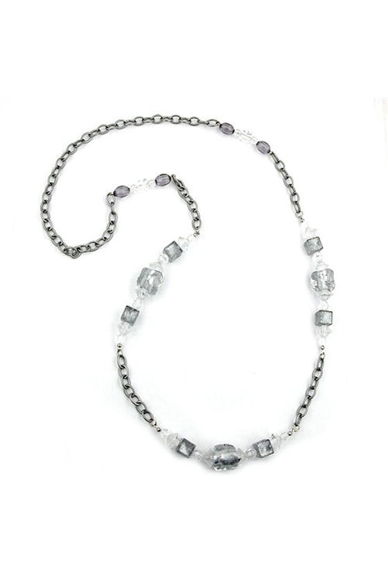 NECKLACE STONE-PEARL GREY ANCHOR CHAIN 95CM