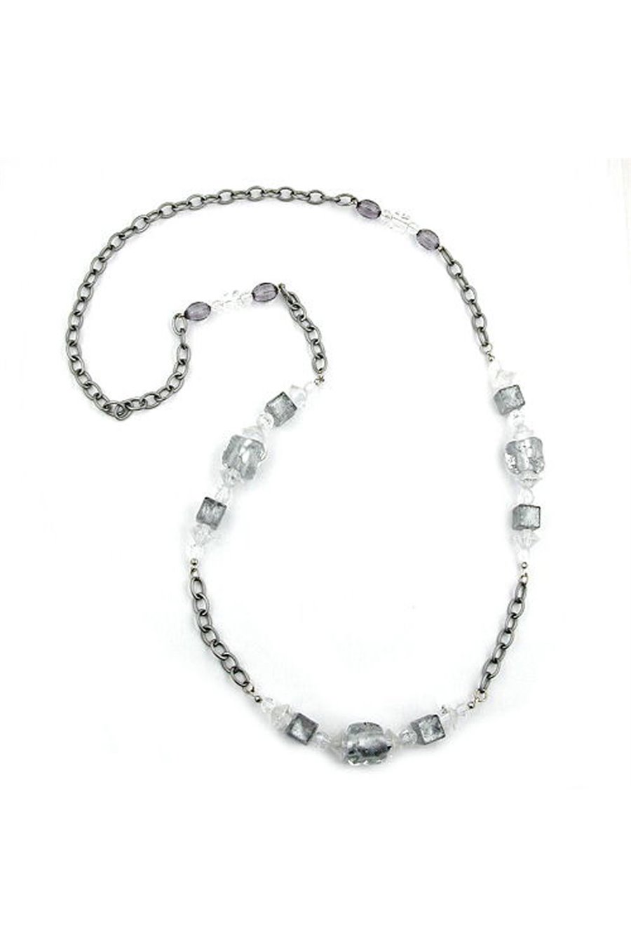 NECKLACE STONE-PEARL GREY ANCHOR CHAIN 95CM