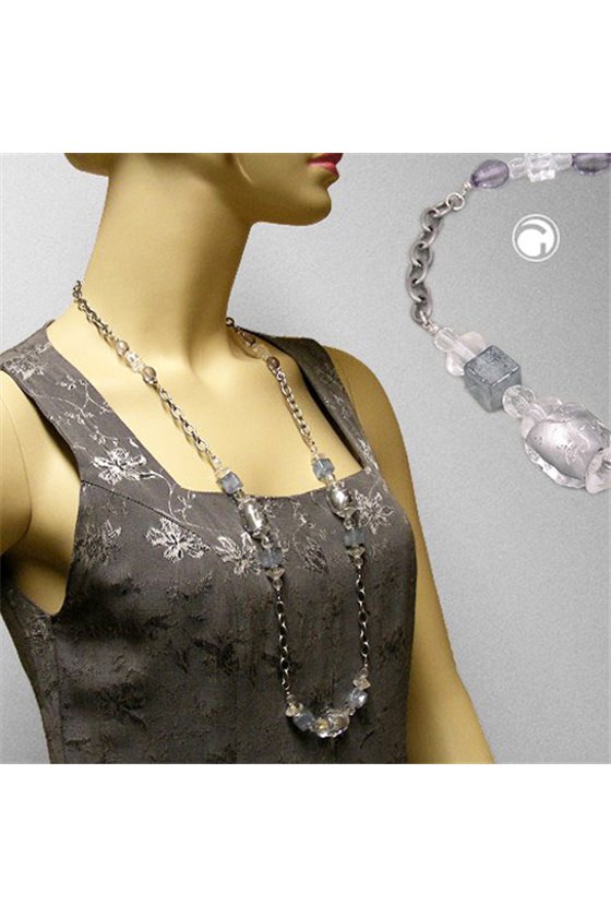 NECKLACE STONE-PEARL GREY ANCHOR CHAIN 95CM
