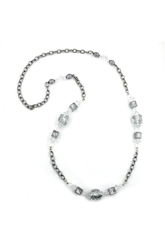 NECKLACE STONE-PEARL GREY ANCHOR CHAIN 95CM