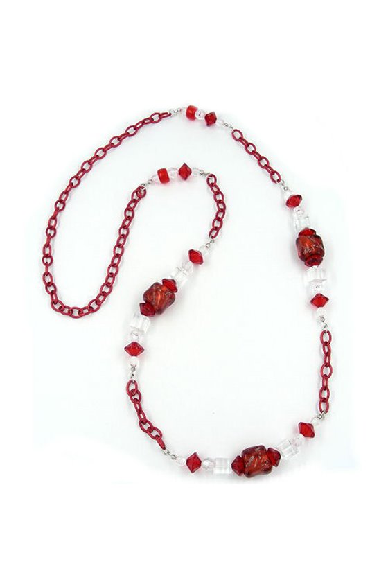 NECKLACE STONE-PEARL RED ANCHOR CHAIN 90CM