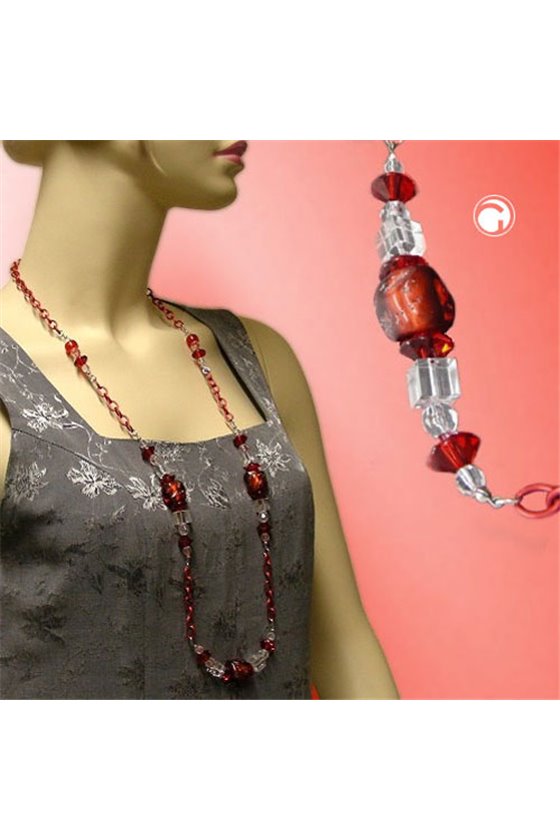 NECKLACE STONE-PEARL RED ANCHOR CHAIN 90CM