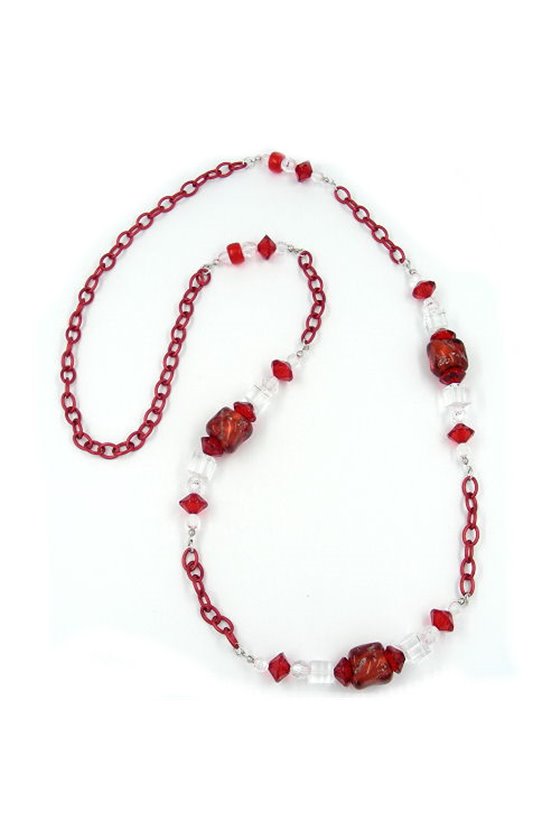 NECKLACE STONE-PEARL RED ANCHOR CHAIN 90CM