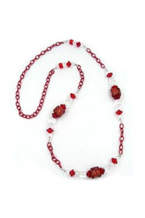 NECKLACE STONE-PEARL RED ANCHOR CHAIN 90CM