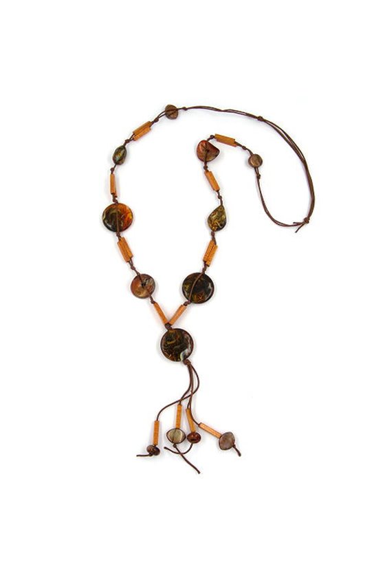 NECKLACE DISC BROWN-MARBLED OCHRE 90CM