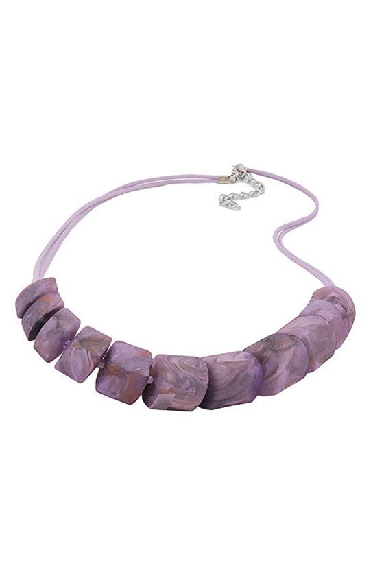 NECKLACE SLANTED BEADS LILAC-MARBELED CORD LIGHT LILAC