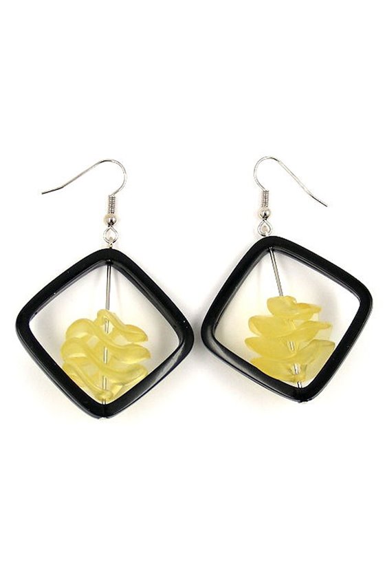 HOOP EARRINGS SQUARE BLACK WITH TWISTED BEAD YELLOW
