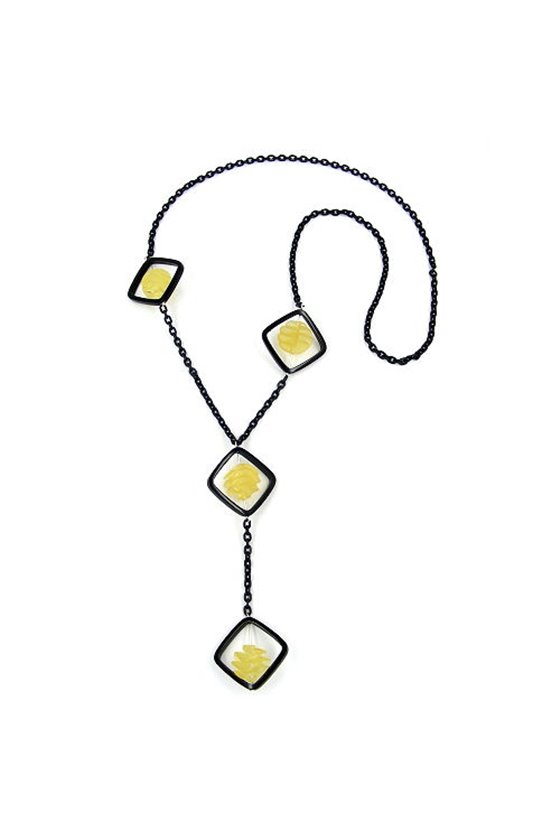 NECKLACE BLACK SQUARE YELLOW SPIRAL 90CM