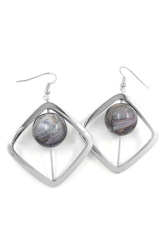 HOOK EARRINGS SQUARE SILVER COLOURED WITH BEAD GREY