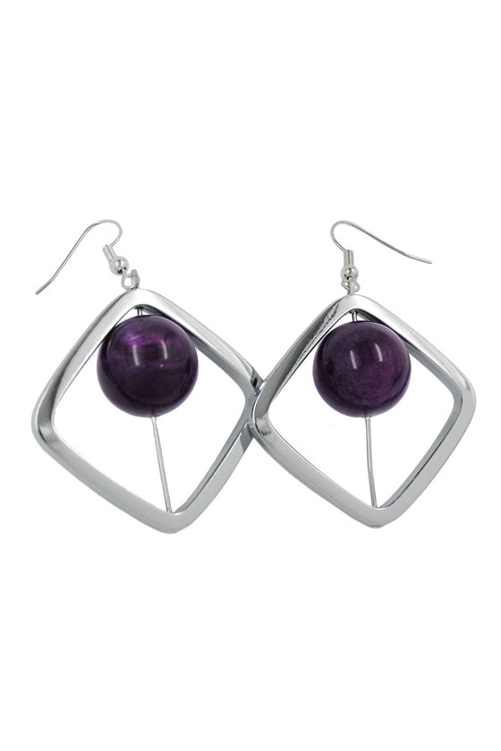 HOOK EARRINGS SQUARE SILVER COLOURED WITH BEAD PURPLE