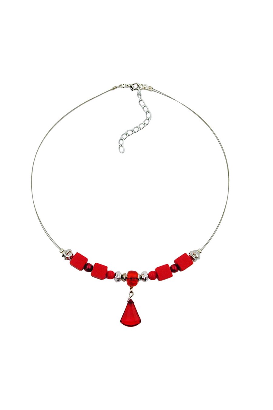 NECKLACE RED AND SILVER-COLOURED BEADS ON COATED FLEXIBLE WIRE