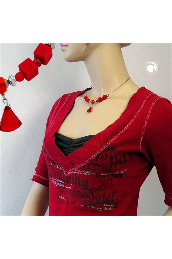 NECKLACE RED AND SILVER-COLOURED BEADS ON COATED FLEXIBLE WIRE