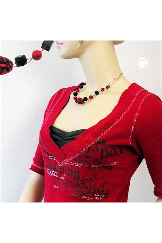 NECKLACE RED AND BLACK BEADS ON COATED FLEXIBLE WIRE