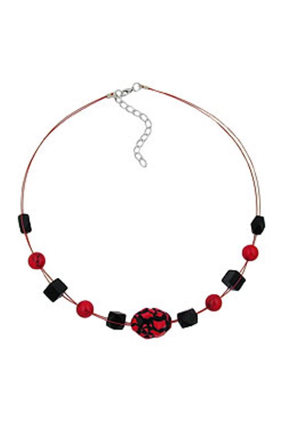 NECKLACE RED AND BLACK BEADS ON COATED FLEXIBLE WIRE