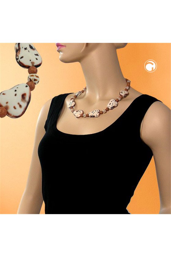 NECKLACE FANTASY BEADS IVORY-BROWN 53CM