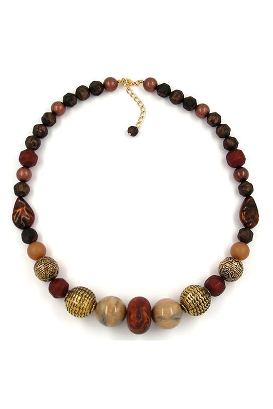 NECKLACE BEADS BROWN-BRASS 55CM
