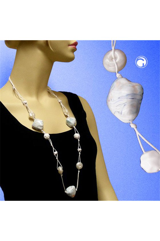 NECKLACE 3 BEADS WHITE-BLUE-TURQUOISE 100CM