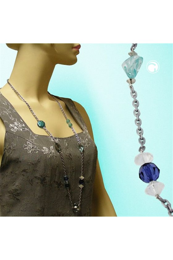 NECKLACE FACETED BEADS GREY-GREEN 90CM