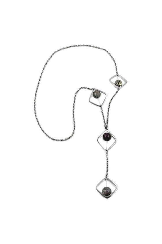 NECKLACE SQUARE BEADS GREY-LILAC 80CM