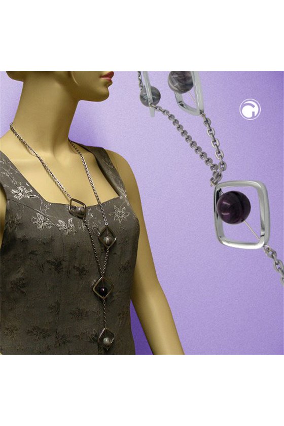 NECKLACE SQUARE BEADS GREY-LILAC 80CM