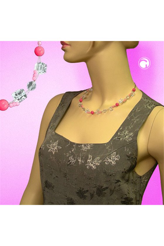 NECKLACE PINK BEADS TRANSPARENT CUBE BEADS