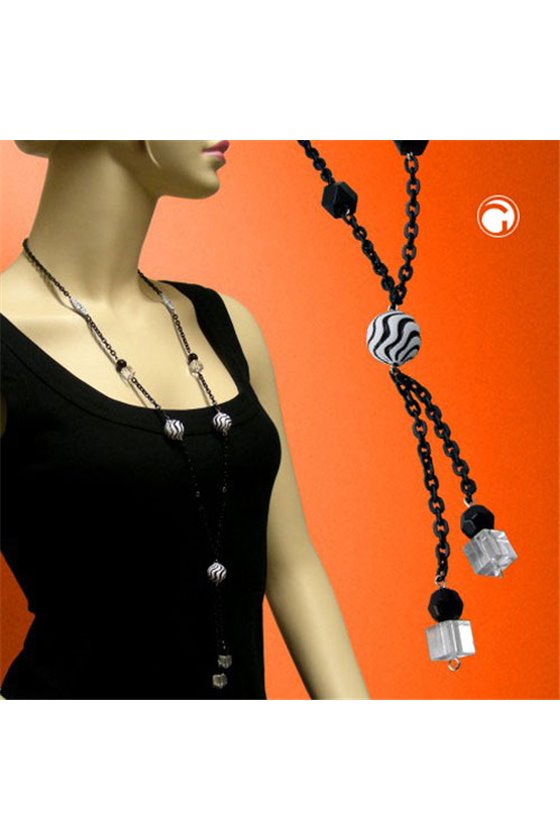 NECKLACE BEADS BLACK & WHITE 90CM