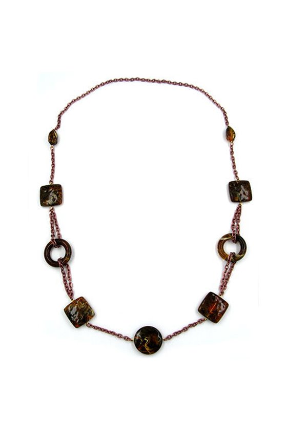 NECKLACE RINGS AND CUBES BROWN 90CM
