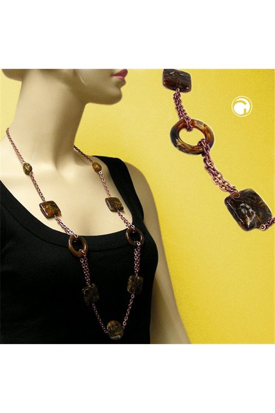 NECKLACE RINGS AND CUBES BROWN 90CM