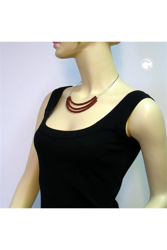 NECKLACE THREE ROWS RED BLACK MARBLED