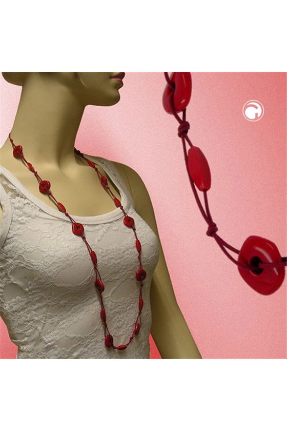 NECKLACE RED DISK BEADS RED CORD