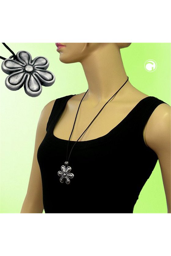 NECKLACE ANTIQUE SILVER FLOWER BLACK